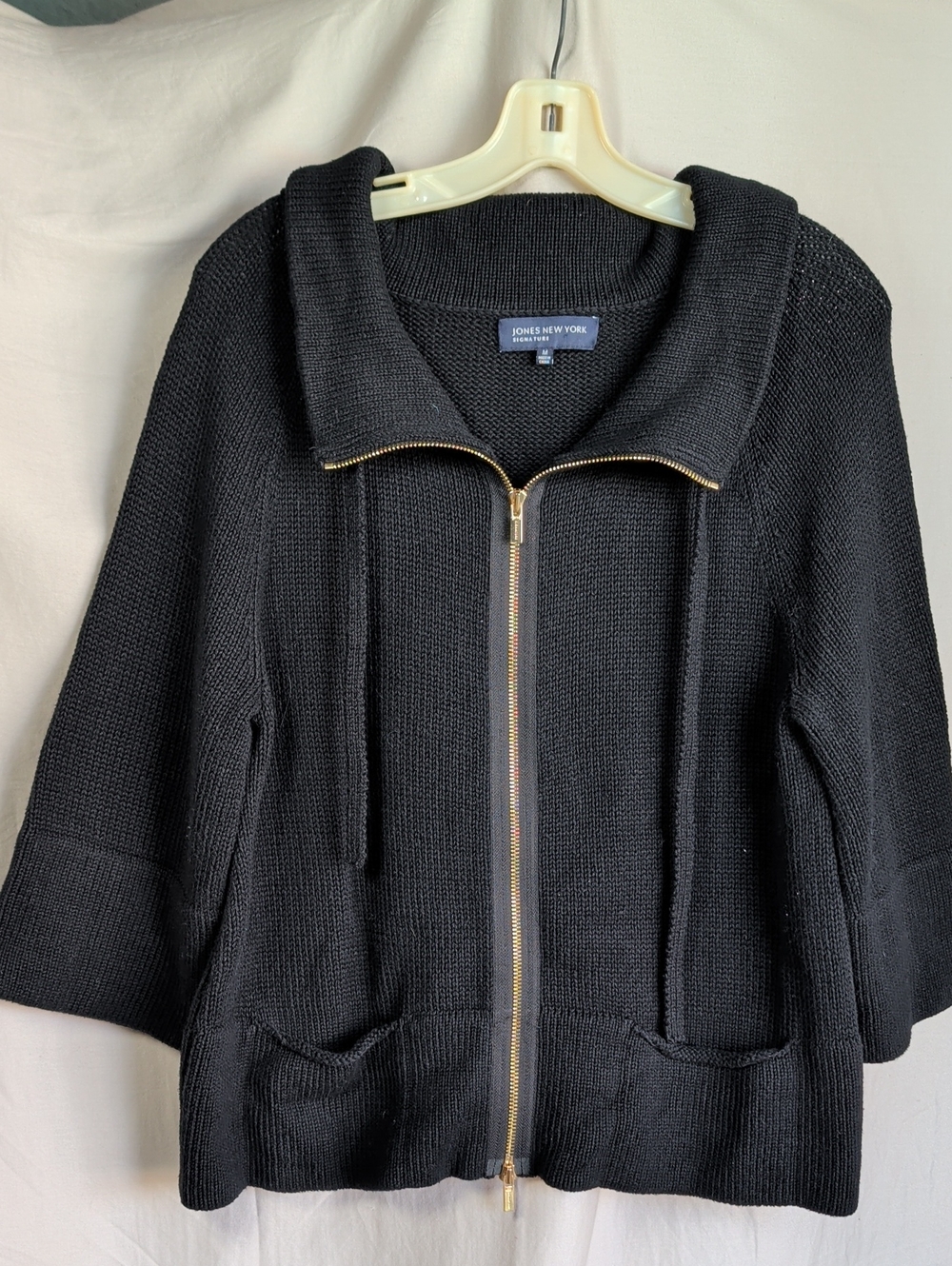 Jones New York Black Knit Zip Cardigan with Gold Hardware Casual To Business